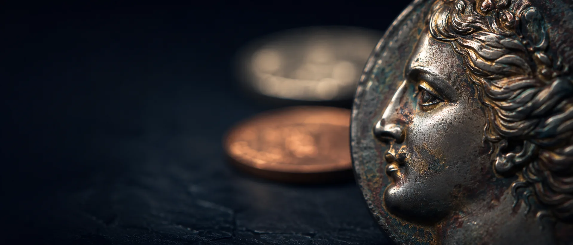 Three collectible coins arranged on dark slate under raking light